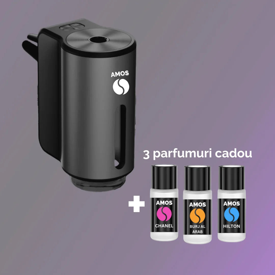 PACHET DIFUZOR AMOS MINI NEGRU + 3 PARFUMURI CADOU