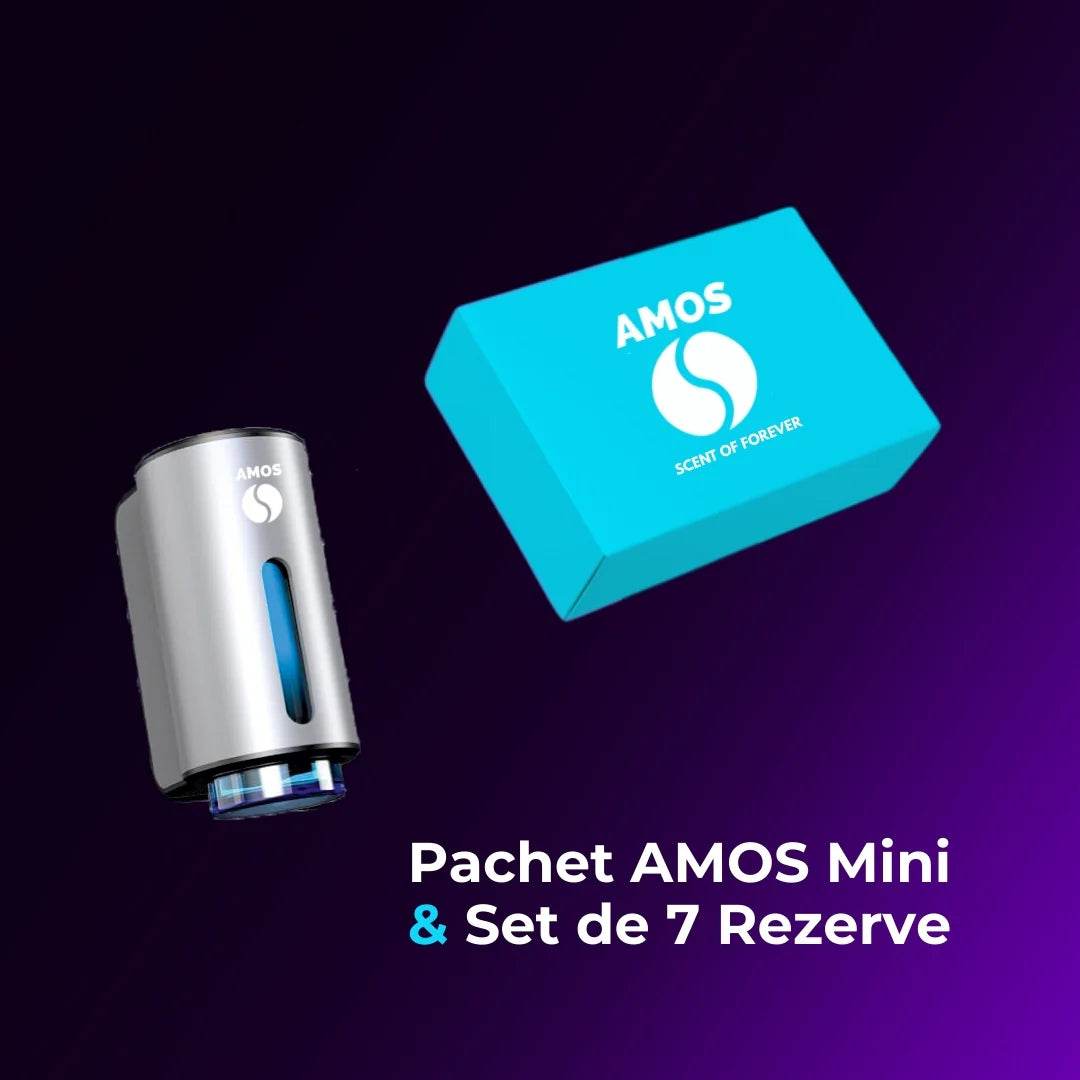 PACHET AMOS MINI BLUE - DIFUZOR DE PARFUM GRI + SET BLUE CU 7 PARFUMURI DE REZERVĂ
