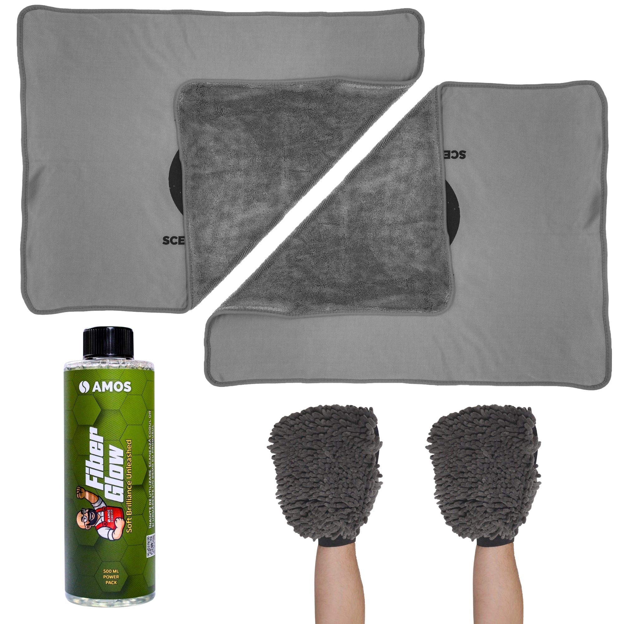 Super Dry: 2 Prosoape Ultra absorbante 1000GSM gri + 2 Mănuși CADOU + detergent Fiber Glow