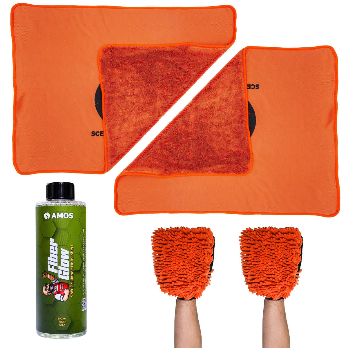 Super Dry: 2 Prosoape Ultra absorbante 1000GSM portocaliu + 2 Mănuși CADOU + detergent Fiber Glow