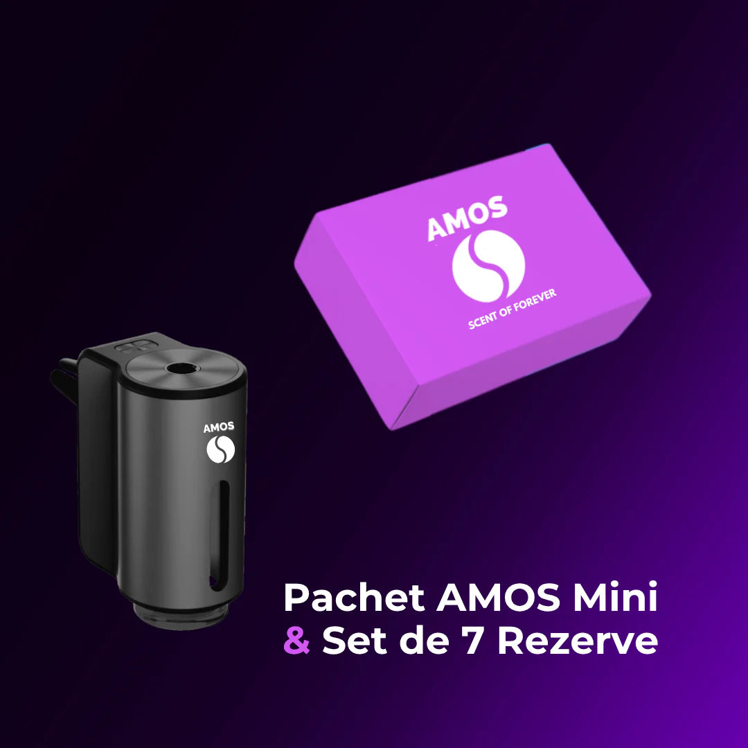 PACHET AMOS MINI PURPLE - DIFUZOR NEGRU PARFUM + SET PURPLE CU 7 PARFUMURI DE REZERVĂ